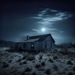 Isolate house in a desolate location during night, bathed in the eerie glow of moonlight, clouded by a foreboding, gloomy atmosphere.