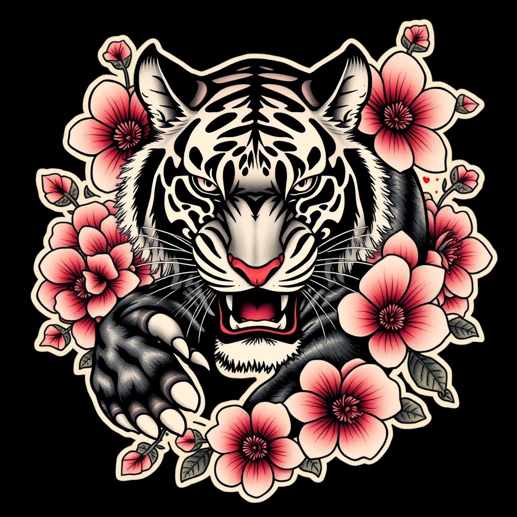 A striking tattoo design featuring a fierce black Japanese tiger intertwined with elegant flowers, showcasing a blend of strength and beauty