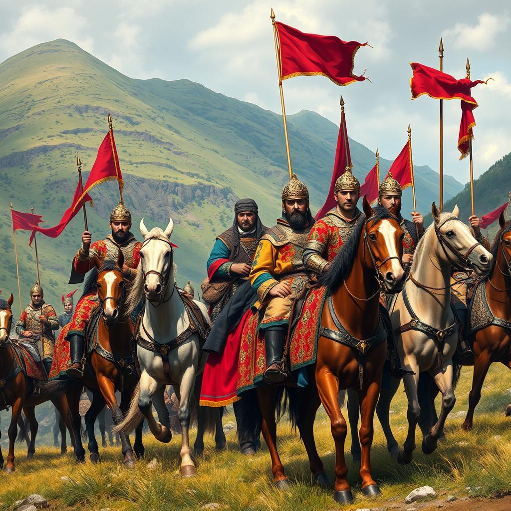 A stunning depiction of the Qizilbash cavalry and their Beys from the medieval period in Azerbaijan, showcasing well-detailed traditional attire and armor