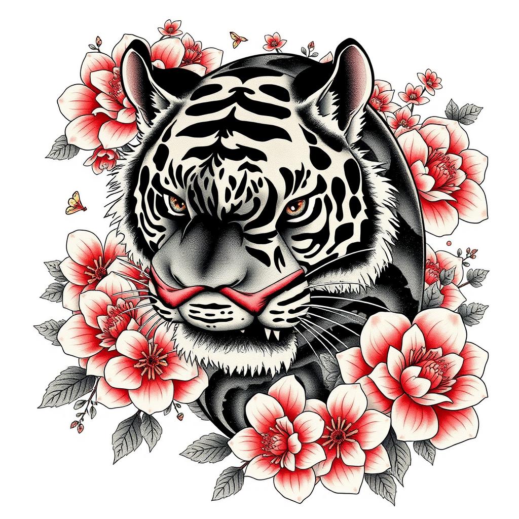 A striking tattoo design featuring a fierce black Japanese tiger intertwined with beautifully detailed flowers