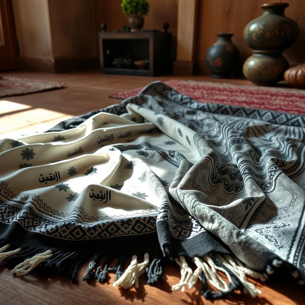 A beautiful Palestinian kheffiyeh lying on the floor, artfully arranged to showcase its intricate black and white patterns