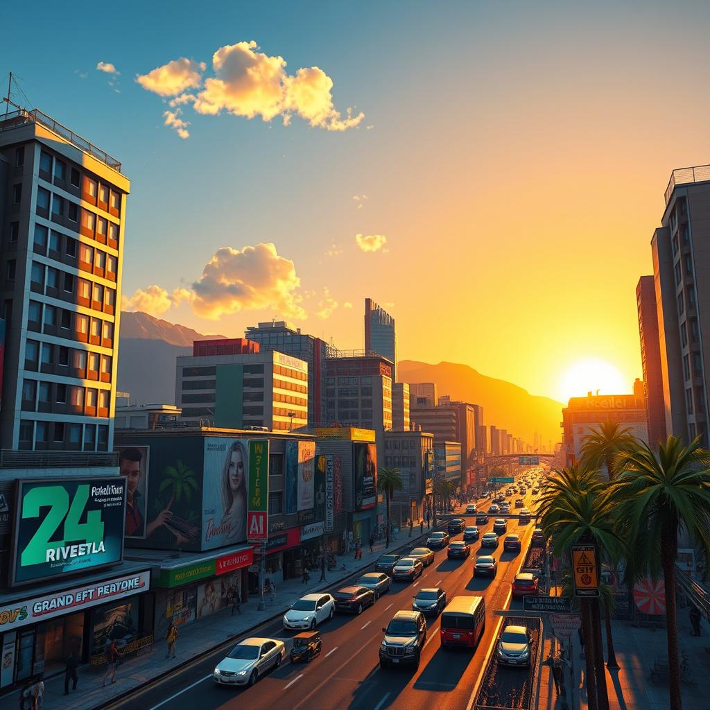 A vibrant city scene inspired by Grand Theft Auto V, featuring a dynamic urban landscape with detailed architecture, bustling streets filled with a variety of colorful vehicles, and lively pedestrians