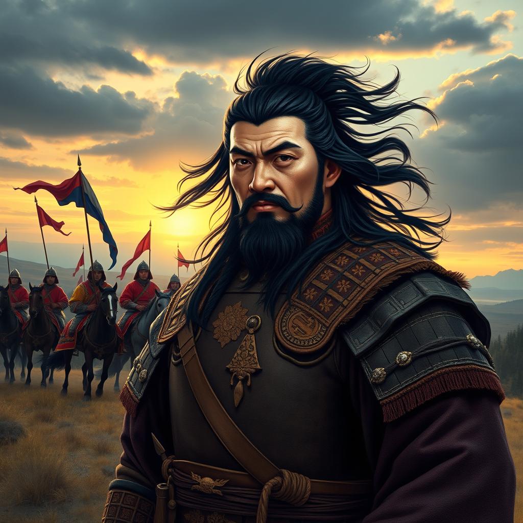 A powerful and regal depiction of Genghis Khan, portrayed as a commanding figure dressed in traditional Mongolian armor, surrounded by a vast steppe landscape under a dramatic sky