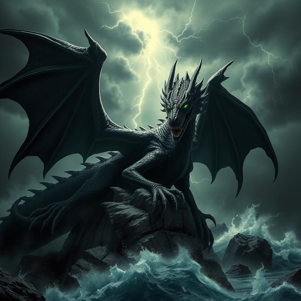 A fierce and powerful image of a menacing black dragon perched on a rocky cliff, its emerald eyes glowing ominously