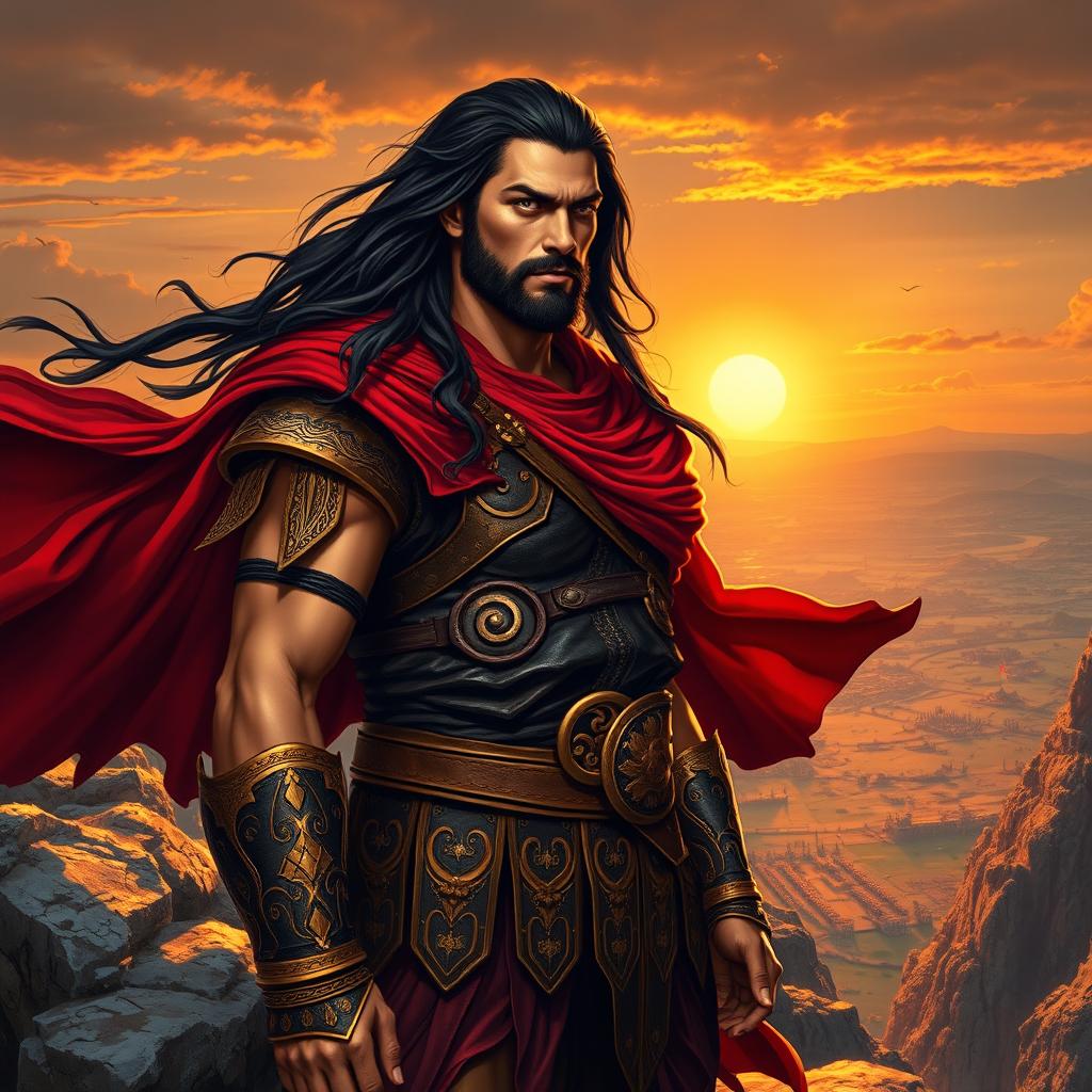 A majestic portrait of a strong warrior inspired by ancient history, featuring a man with long flowing black hair, wearing a detailed leather armor with intricate golden patterns and a flowing red cape