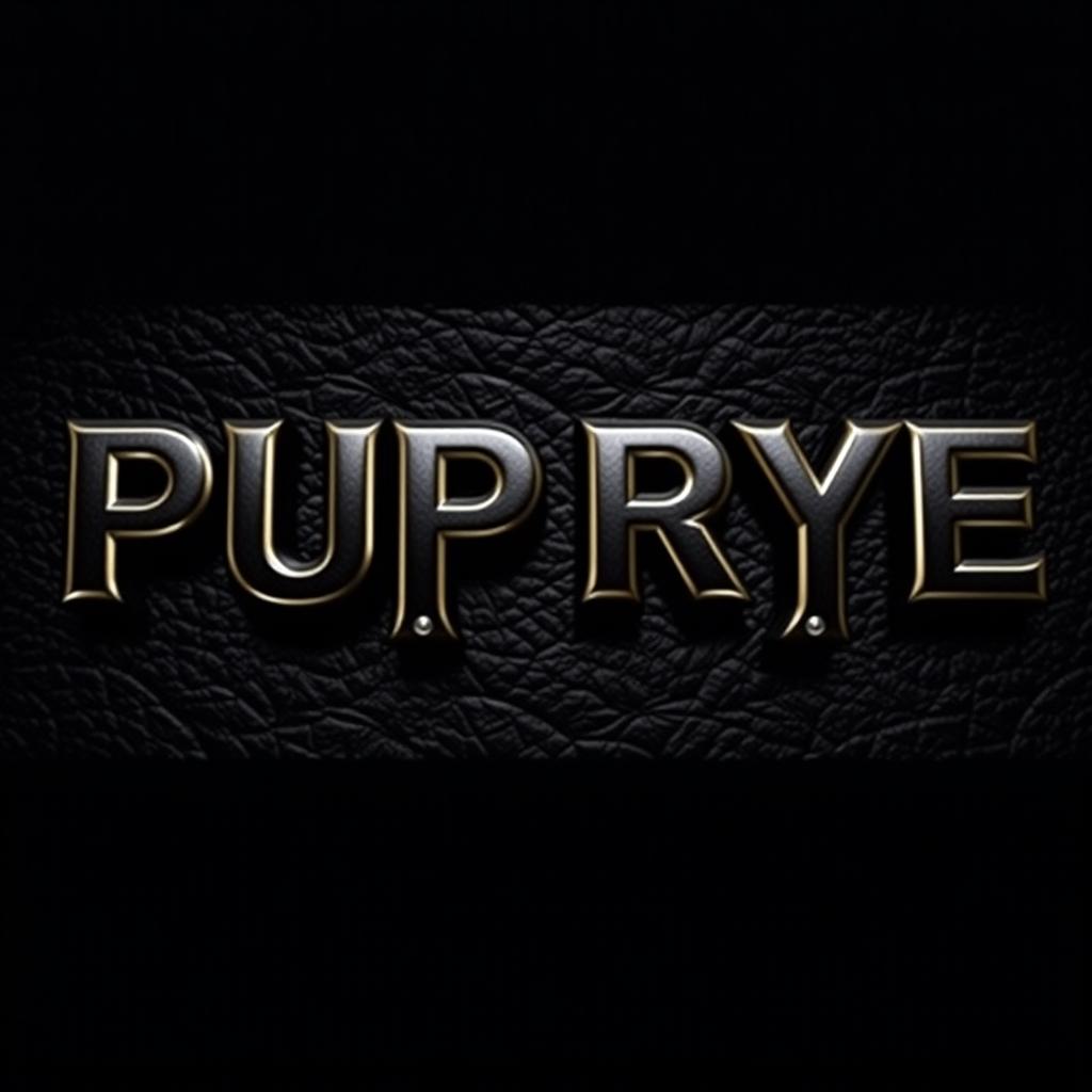 An artistic depiction of the name 'Pup Rye' stylized in a bold, modern font, set against a sleek black leather textured background