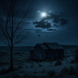 Isolate house in a desolate location during night, bathed in the eerie glow of moonlight, clouded by a foreboding, gloomy atmosphere.