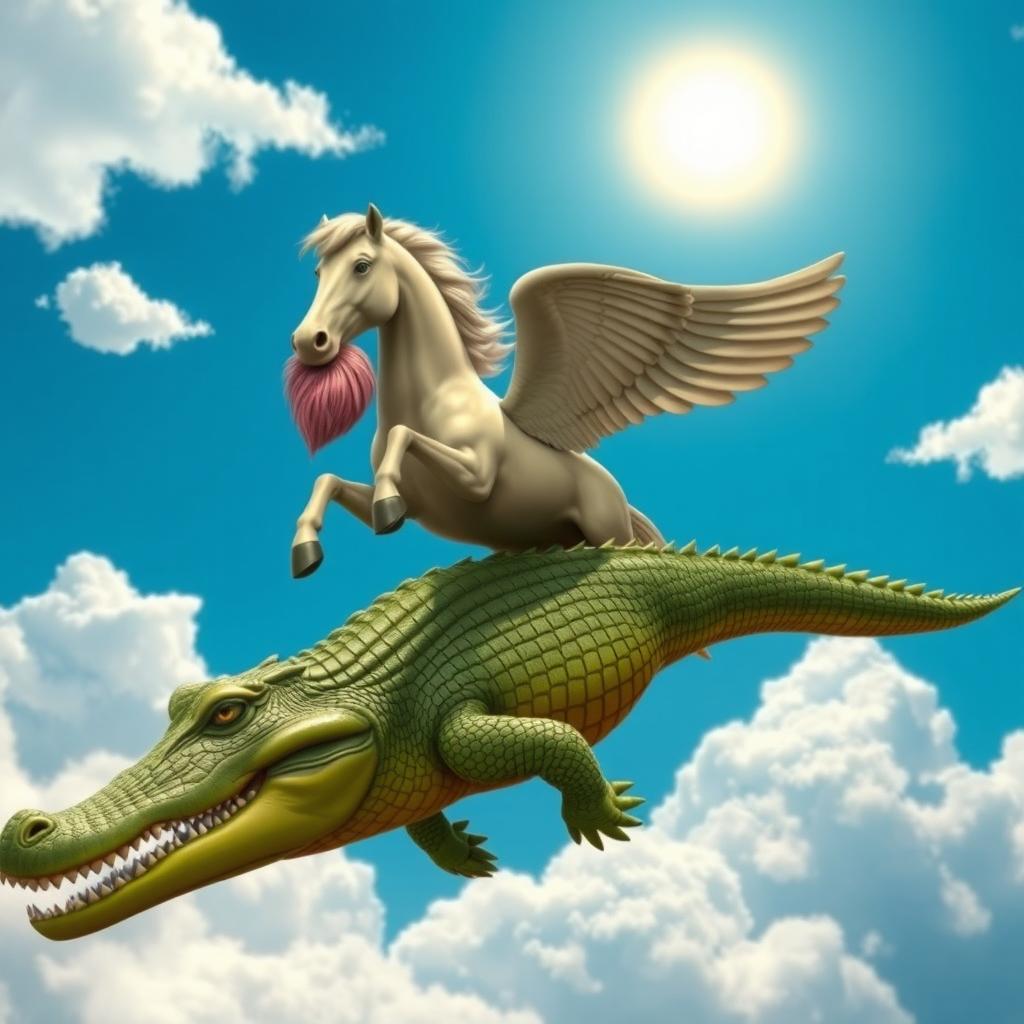 A whimsical scene featuring a majestic horse soaring through the sky, gracefully riding on the back of a large crocodile