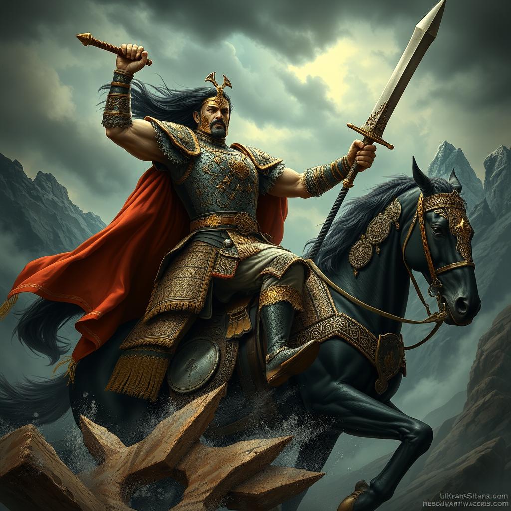 A powerful and regal depiction of Ulu Kağan Atilla, the legendary leader of the Huns, dressed in traditional elaborate armor adorned with intricate patterns and gold accents