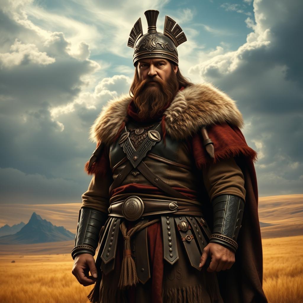 A powerful representation of Ulu Kağan Atilla, a historical figure known for his leadership of the Huns