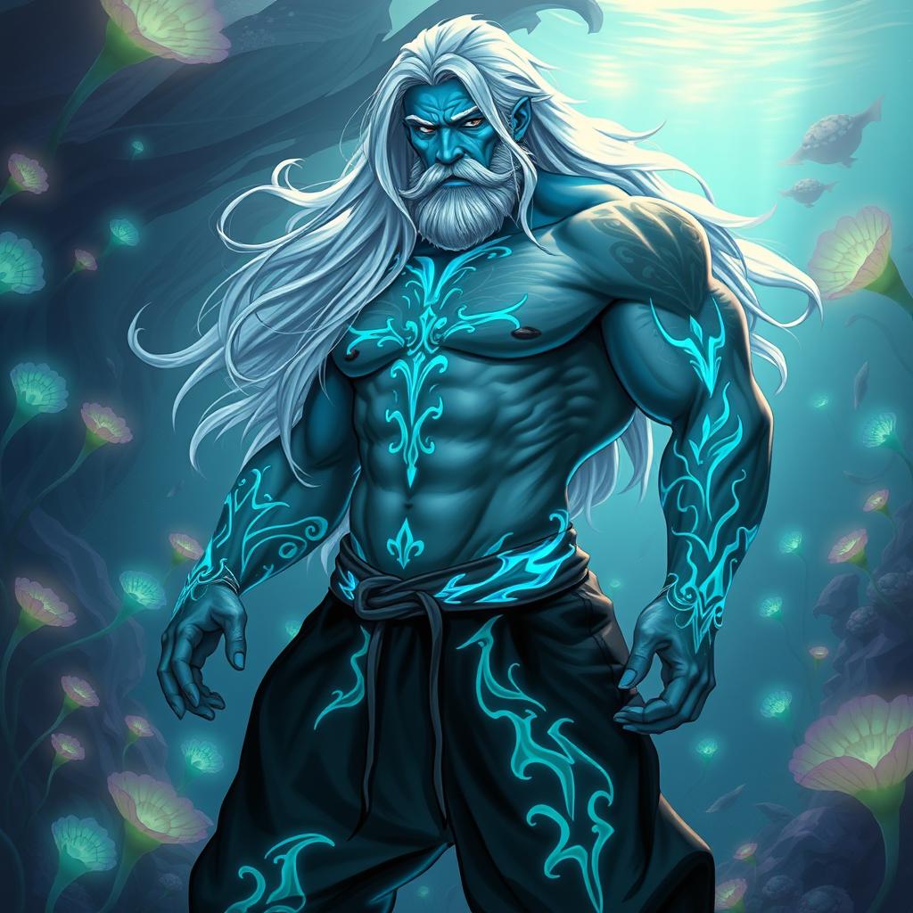 A formidable male Simic Hybrid originating from a Vedalken, depicted with a robust and muscular figure