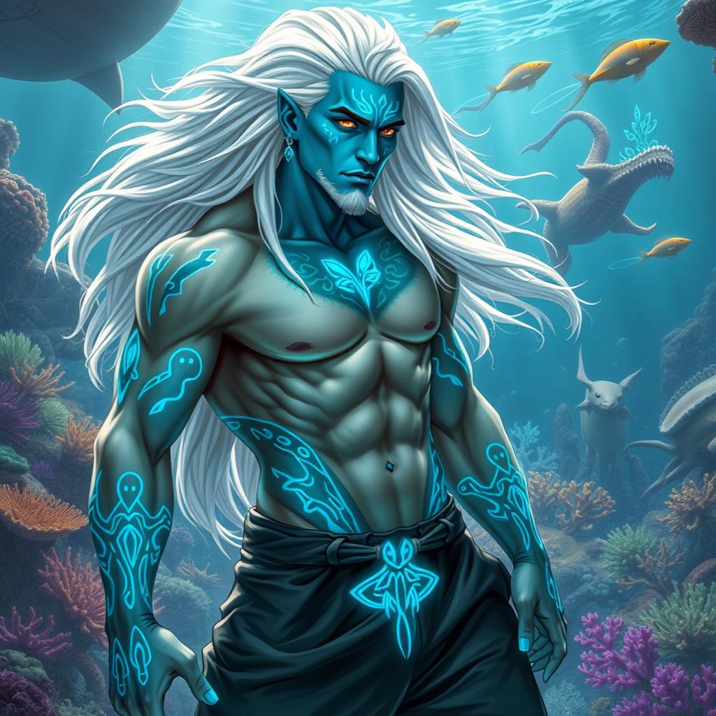 A formidable male Simic Hybrid with origins from a Vedalken, depicted with a robust and muscular physique