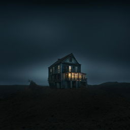 Gloomy house mysteriously floating in the void of darkness, suspended in isolation amidst nowhere.