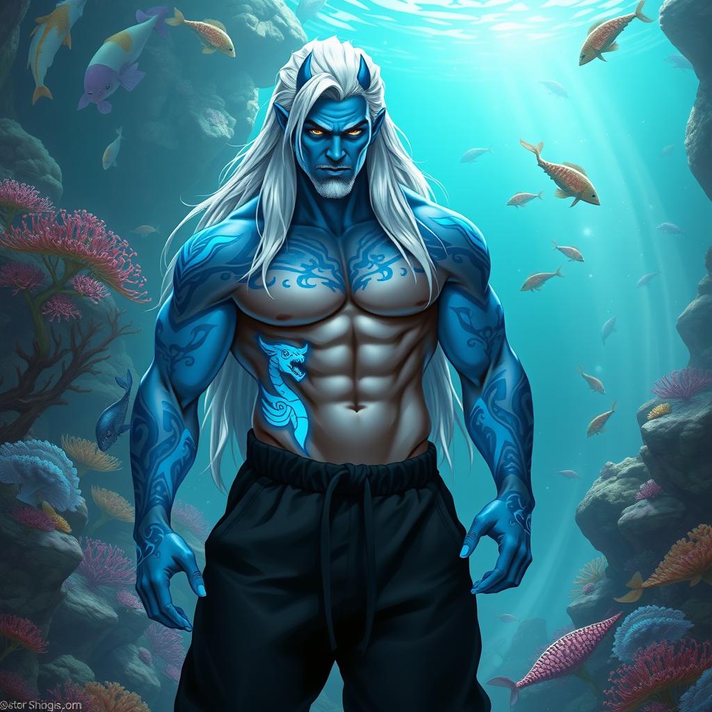A striking male Simic Hybrid with heritage from a Vedalken, showcasing a robust and muscular figure