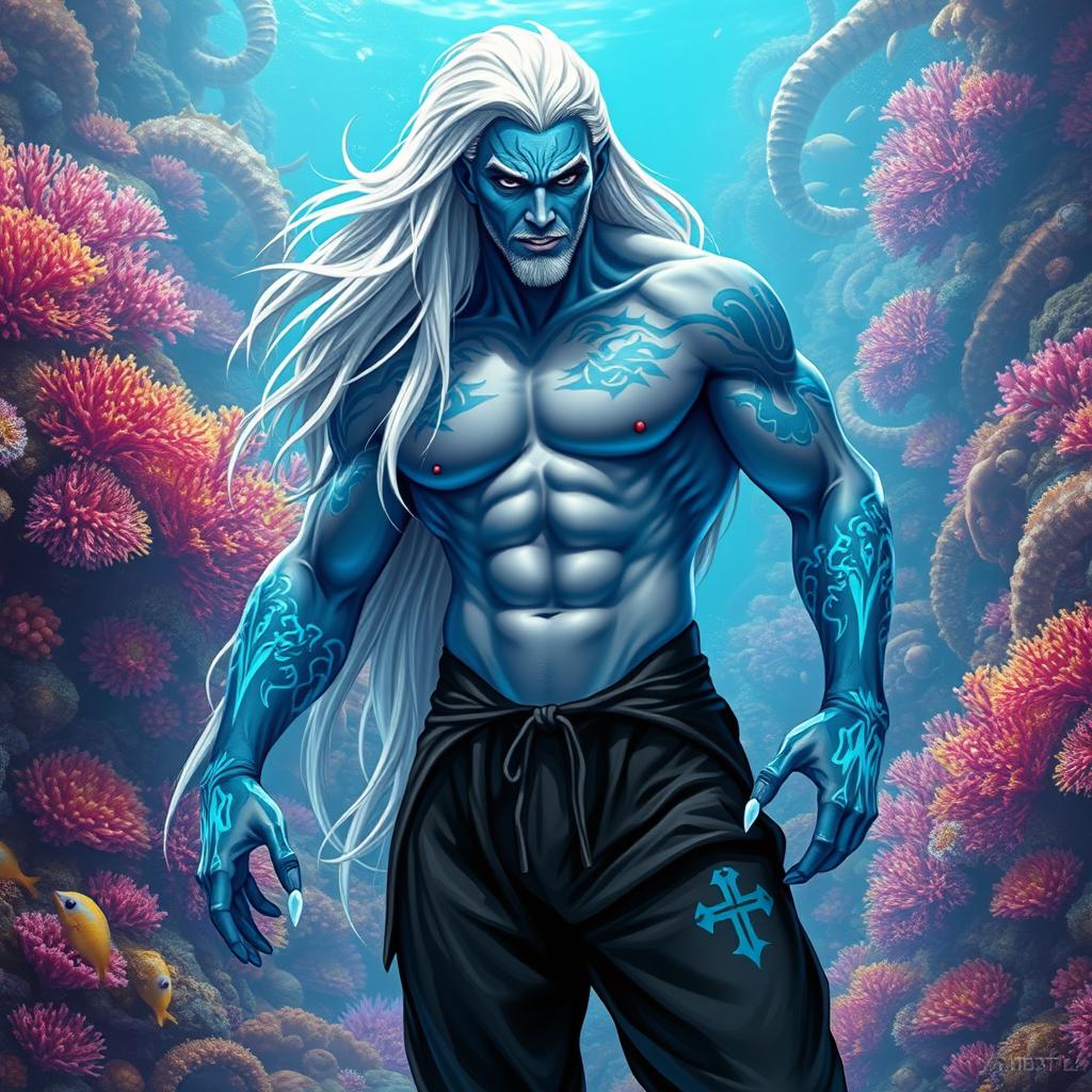 A dynamic male Simic Hybrid stemming from a Vedalken lineage, characterized by a robust and muscular build