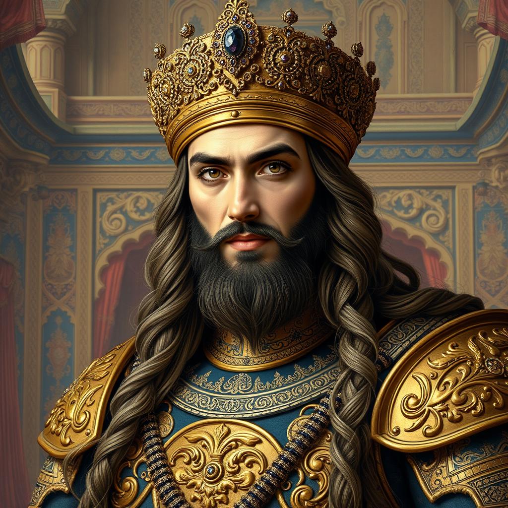 A regal portrait of Şah İsmayıl Səfəvi, a 27-year-old Persian king, dressed in luxurious traditional armor adorned with intricate gold patterns