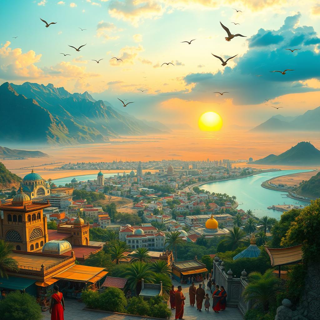 A breathtaking landscape of a newly imagined country featuring diverse geographical features such as lush green mountains, pristine beaches, vibrant cities, and expansive deserts