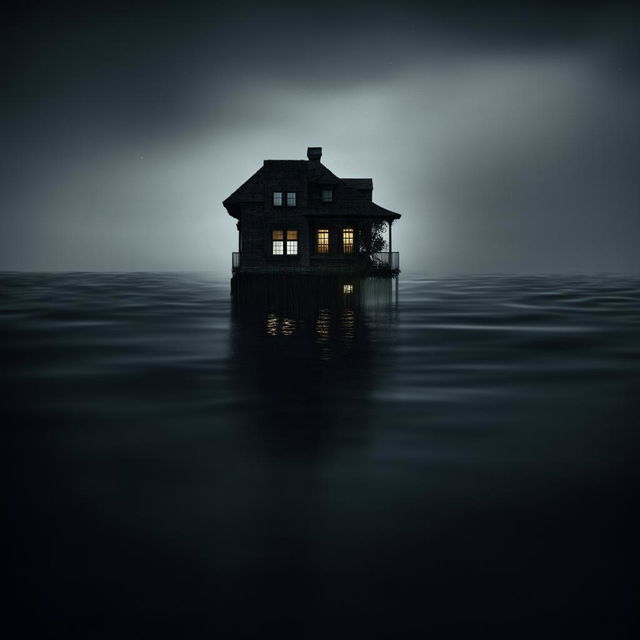 Gloomy house mysteriously floating in the void of darkness, suspended in isolation amidst nowhere.