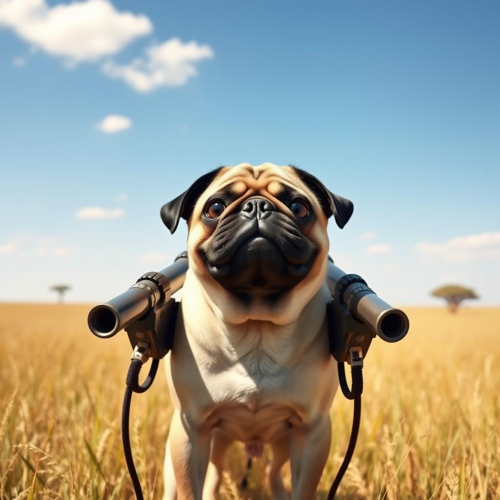 A realistic pug dog with cannons instead of arms, standing proudly in a savanna environment under a bright blue sky