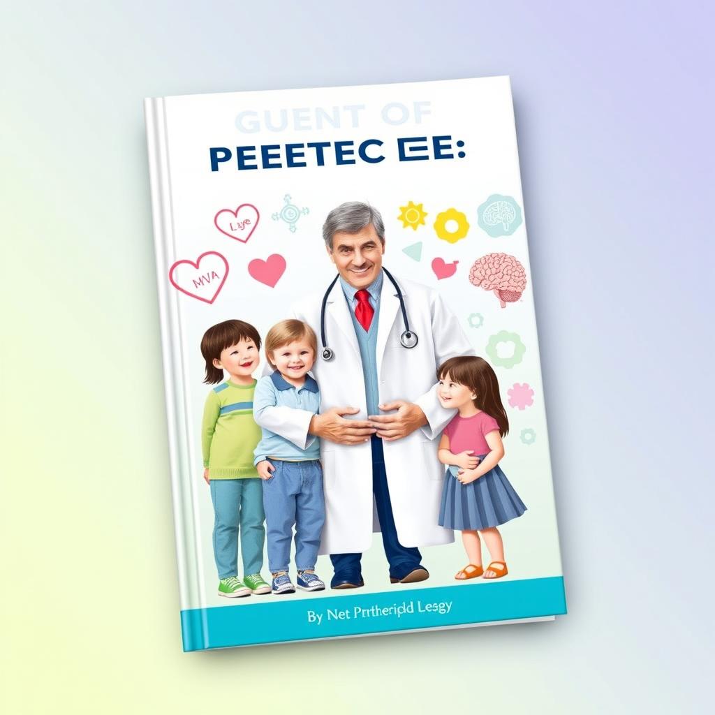 A book cover design for an academic league of pediatrics, featuring a central figure of a general pediatrician in a lab coat, warmly interacting with children of various ages, showcasing the holistic approach of pediatric care