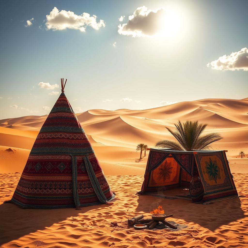 A stunning desert landscape featuring a beautiful Bedouin tent prominently placed in the foreground