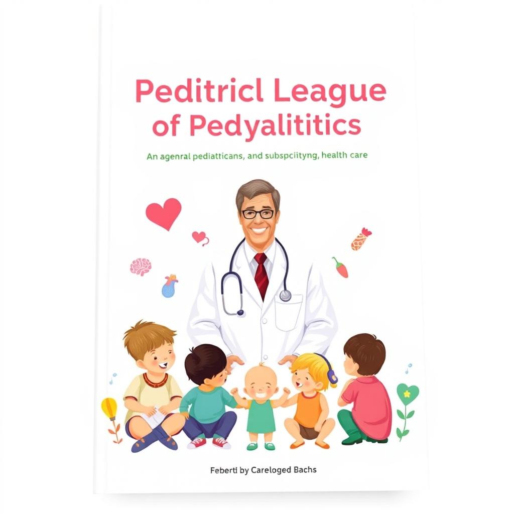 A book cover design for an academic league of pediatrics, featuring a general pediatrician in a lab coat at the center, engaging with children of various ages