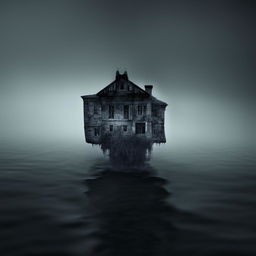 Gloomy house mysteriously floating in the void of darkness, suspended in isolation amidst nowhere.