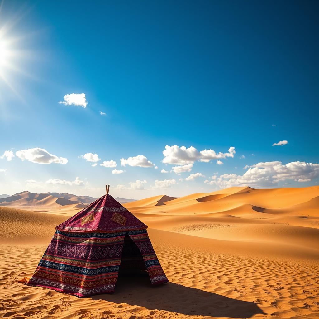 A stunning desert landscape featuring a beautiful Bedouin tent prominently placed in the foreground, alongside the existing elements of the picture