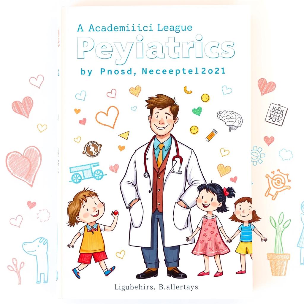 A book cover design for an academic league of pediatrics, featuring a central figure of a general pediatrician in a lab coat, interacting happily with children of various ages