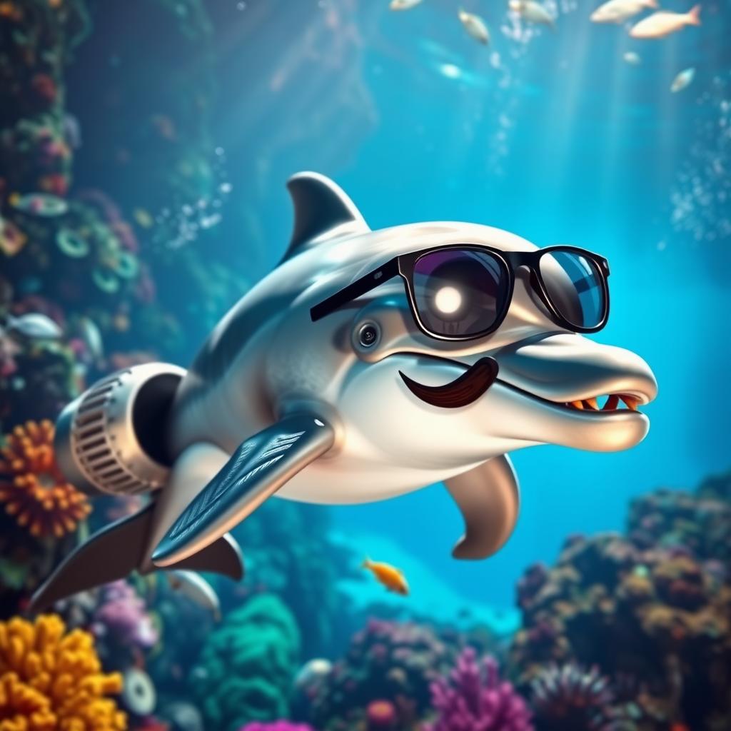 A realistic dolphin wearing glasses and sporting a mustache, featuring a fighter jet engine attached to its tail
