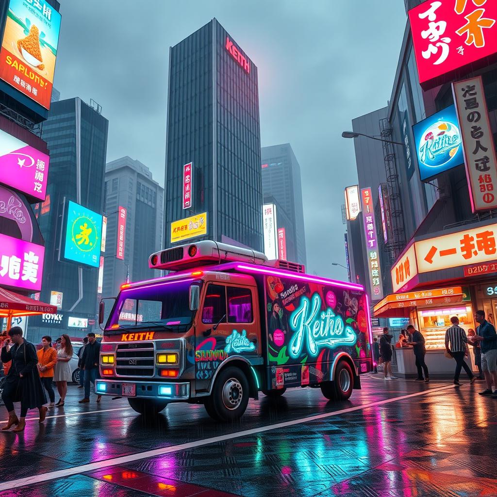 A futuristic Tokyo street scene featuring a Keith truck in a vibrant cyberpunk aesthetic