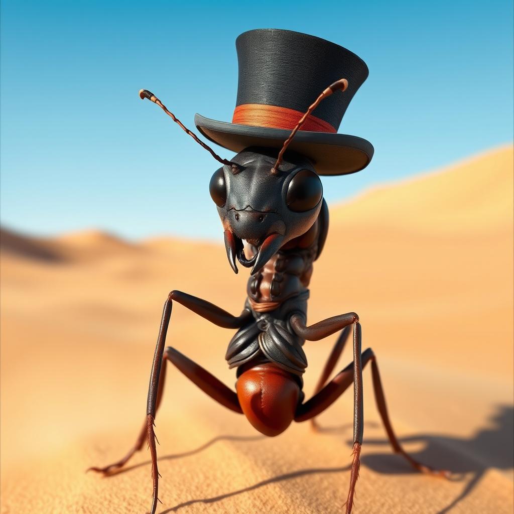 A realistic depiction of a muscular ant wearing a top hat, set against a desert background
