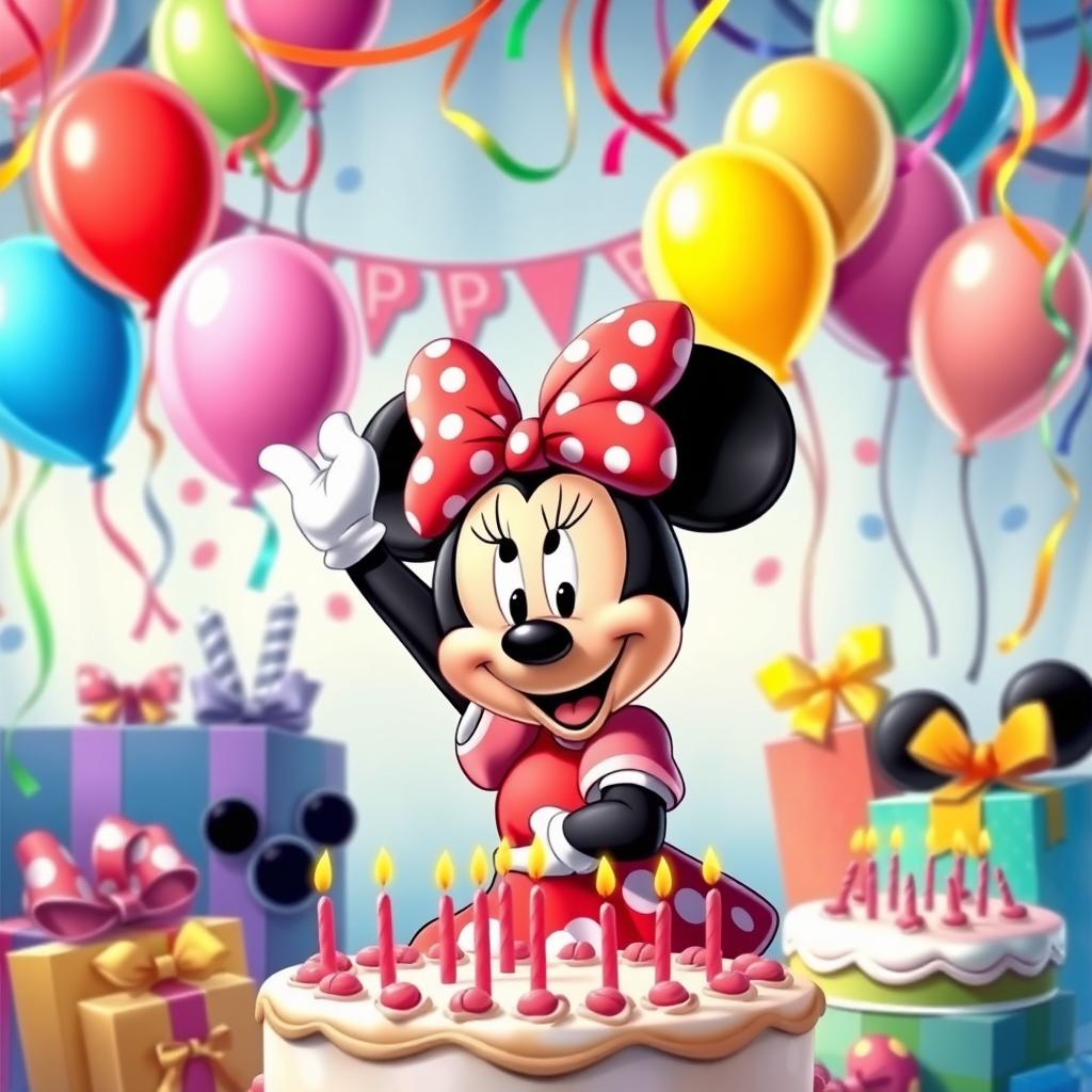 A vibrant birthday scene featuring Minnie Mouse celebrating with colorful balloons, a beautifully decorated cake with candles, and a festive backdrop filled with streamers and party decorations