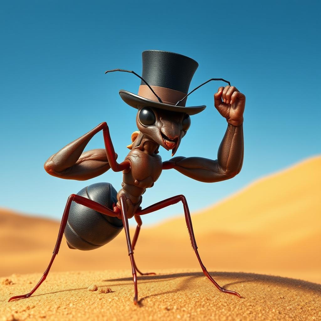A realistic depiction of an ant with bodybuilder muscles wearing a top hat, set against a desert background