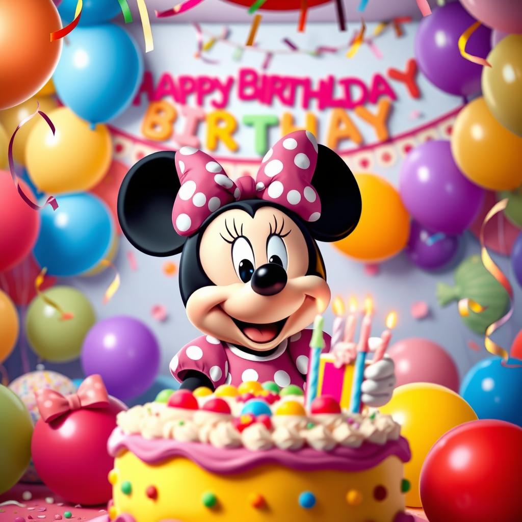 A festive birthday scene featuring Minnie Mouse, surrounded by colorful balloons, a beautifully decorated cake with candles, and streamers