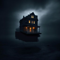 Gloomy house mysteriously floating in the void of darkness, suspended in isolation amidst nowhere.