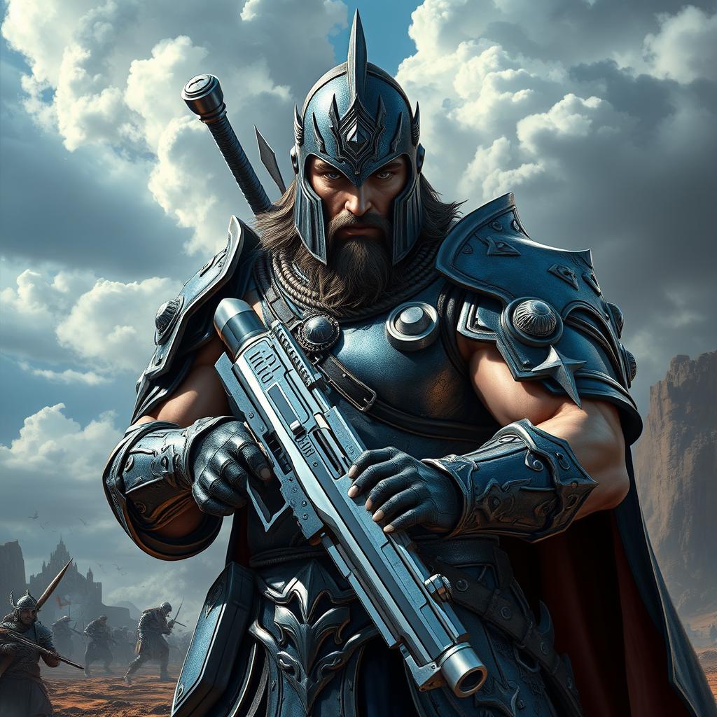An imposing warrior figure, clad in intricate, armor with a fierce expression