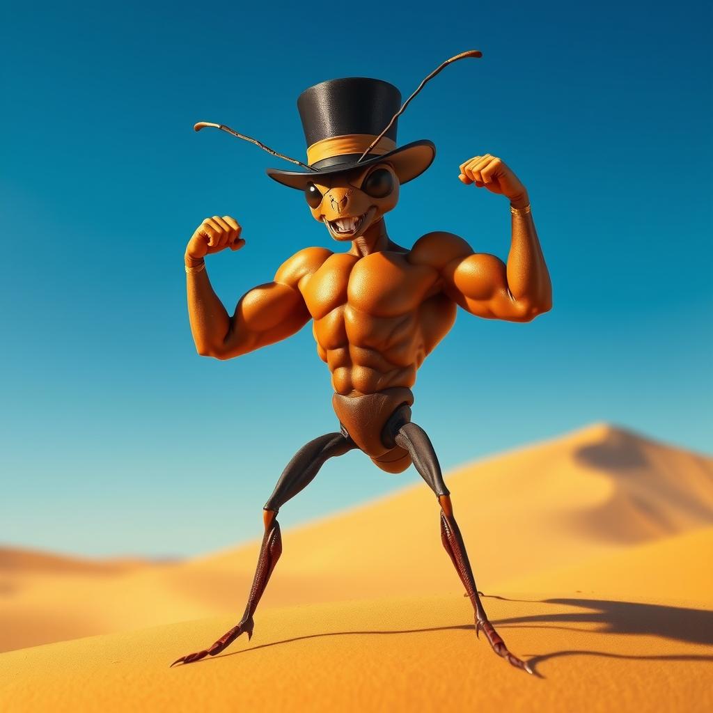 A realistic image featuring an ant with the muscular body of a bodybuilder, clad in a stylish top hat