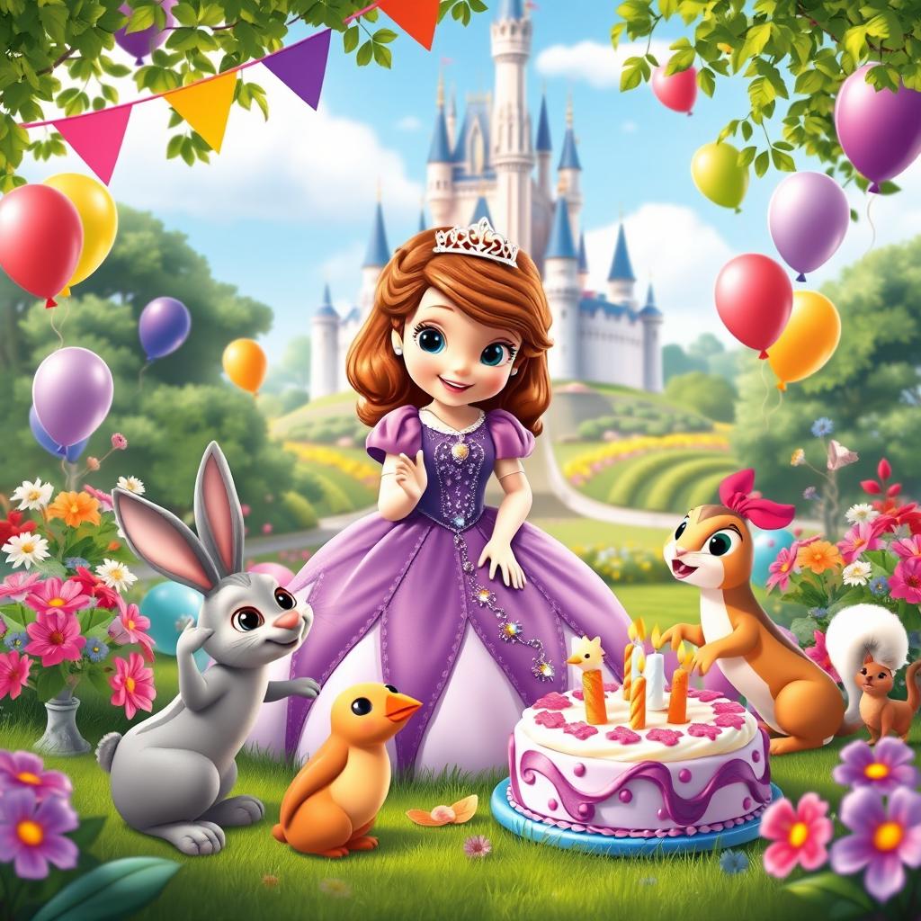 A vibrant birthday scene featuring Sofia the First in a magical garden