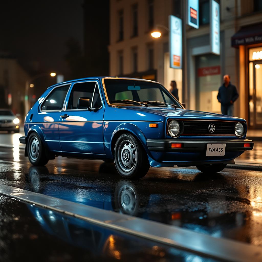 A sleek blue Volkswagen Golf Mk2 with glossy metallic paint in pristine condition, parked on a wet city street at night