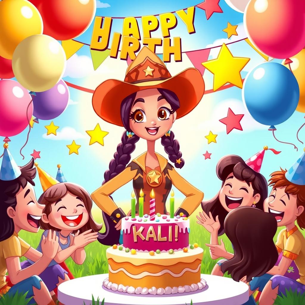A vibrant birthday celebration scene featuring a stylized character resembling a sheriff named Kali