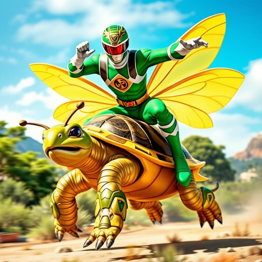 A heroic green Power Ranger in a dynamic pose, energetically riding a unique creature that is a blend between a turtle and a bee