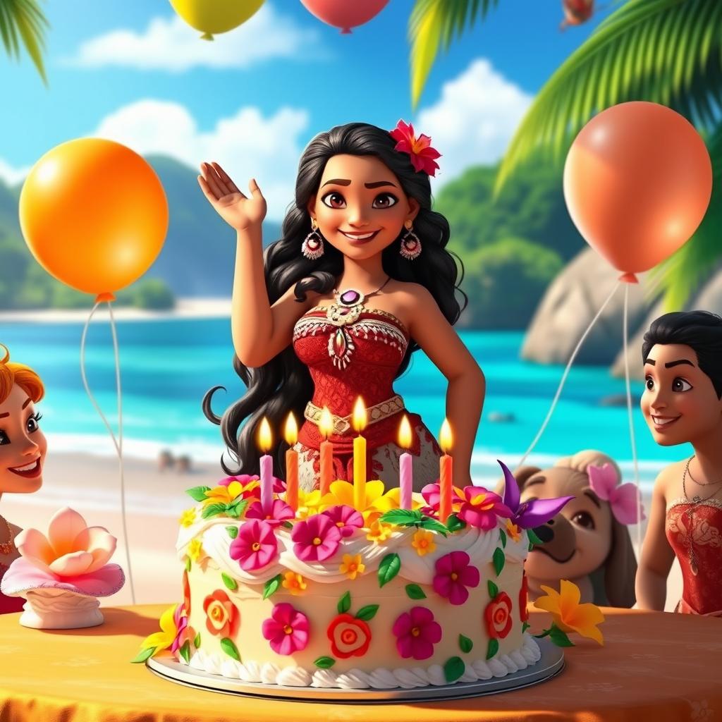 A vibrant birthday celebration scene featuring Moana, the adventurous Polynesian princess from Disney