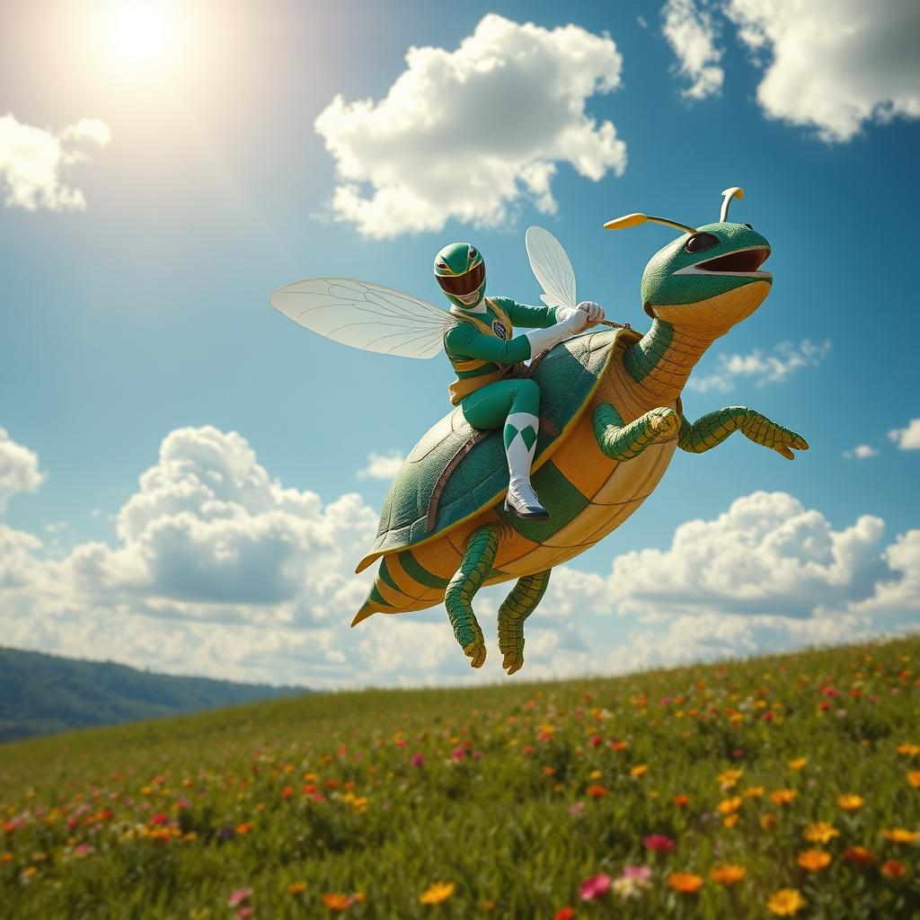 A whimsical scene featuring a green power ranger riding a fantastical creature that is a blend between a turtle and a bee