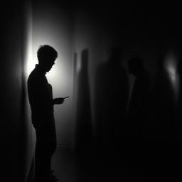 Depict a lone man smoking a cigarette, illuminated faintly, with obscured, shadowy silhouettes looming in the background.