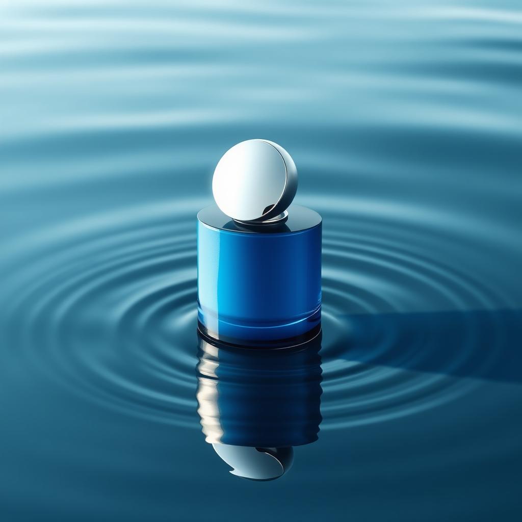 A sleek blue perfume bottle with a silver moon cap, elegantly placed on a smooth water surface, mesmerizing reflections dancing on the water