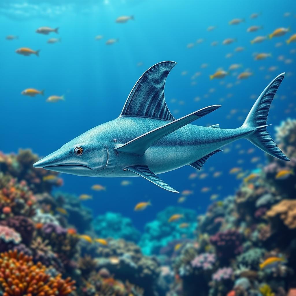 A realistic image of a swordfish with airplane wing-like fins, wearing blue jeans