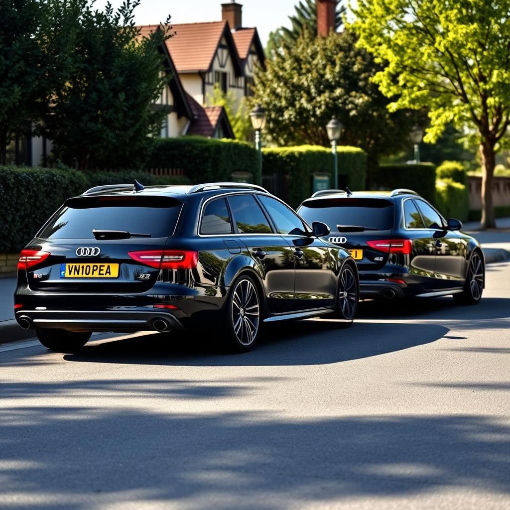 A stunning depiction of two Audi A4 B7 black station wagons, parked side by side on a picturesque street