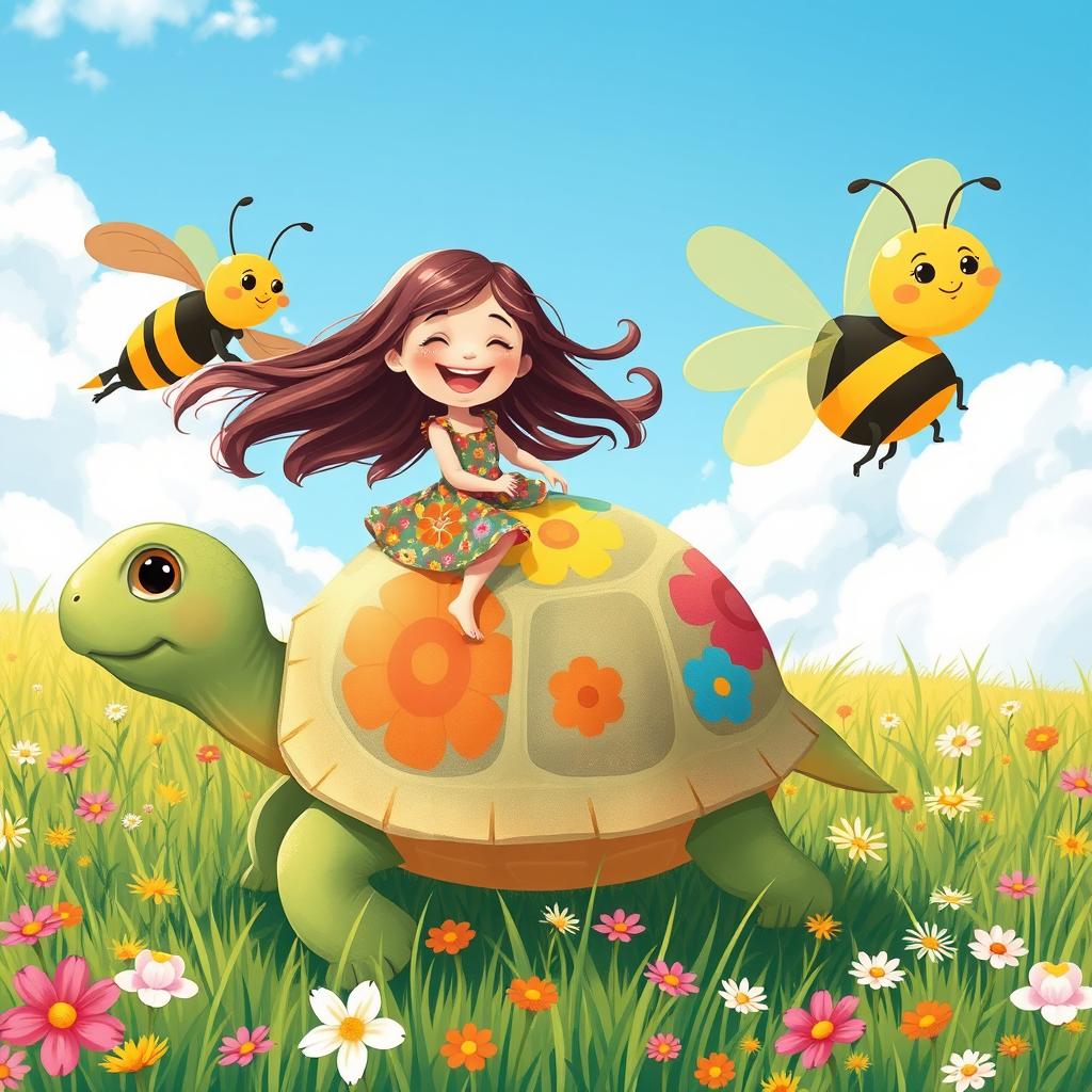A whimsical scene featuring a cute girl joyfully riding a large, friendly turtle covered in bright, colorful patterns with flowers and grass textures on its shell