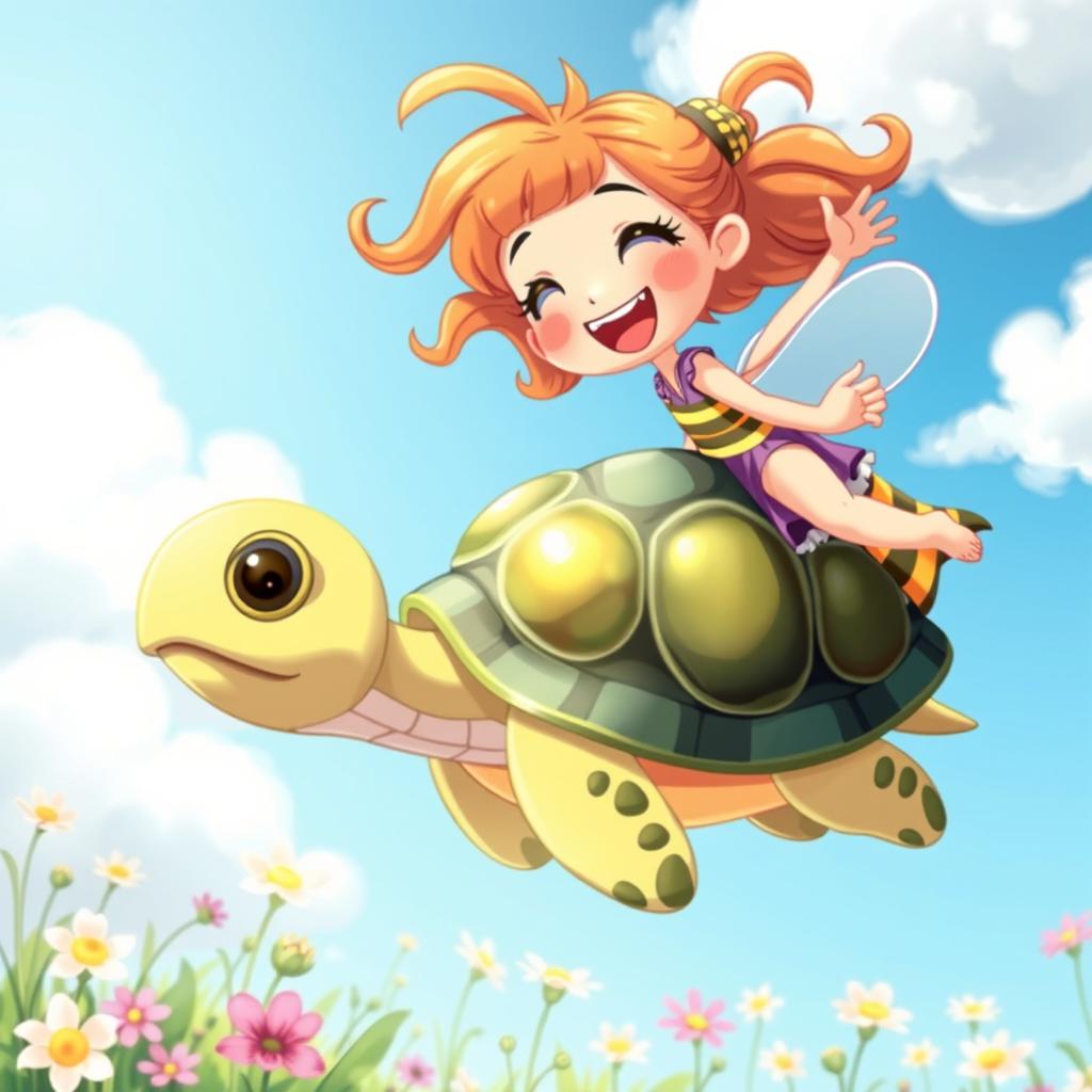 A whimsical scene featuring a cute girl joyfully riding an animal that is a charming hybrid between a turtle and a bee
